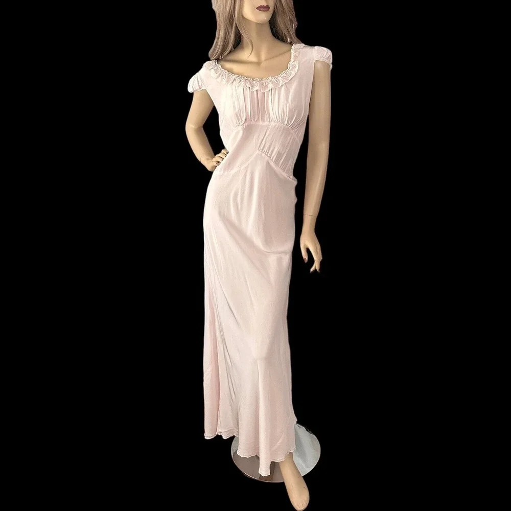40s Pink Rayon Maxi Nightgown L Angelic Goddess Old Hollywood Coquette Glow Gaze